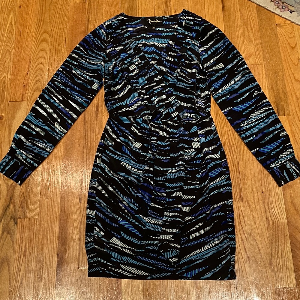 Yumi Kim Black and Blue Long Sleeve Silk Dress